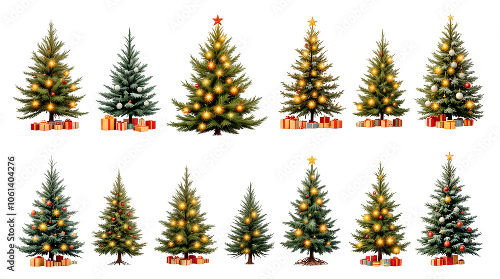 Obraz premium Festive Collection of Decorated Christmas Trees with Gifts isolated on transparent white background, png