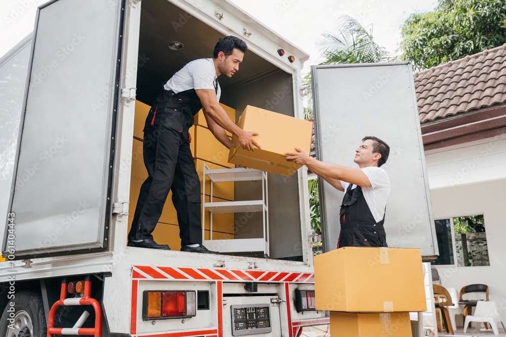 © sorapop - Teamwork in action, removal service workers unload boxes and furniture from the truck into the new home. Their efficiency ensures a smooth move and brings happiness. Moving Day