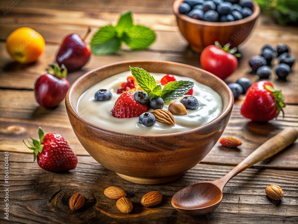 Fresh Homemade Greek Yogurt Kefir on Old Wooden Background – Healthy Breakfast and Afternoon Snack Ideas Fresh Homemade Greek Yogurt Kefir on Old Wooden Background – Healthy Breakfast and Afternoon Snack Ideas