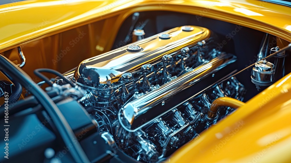 Fototapeta premium Close-up of a Polished and Gleaming Engine Inside a Yellow Car