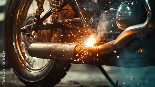 Close-up of a Motorcycle Exhaust Pipe Being Welded with Sparks Flying photo