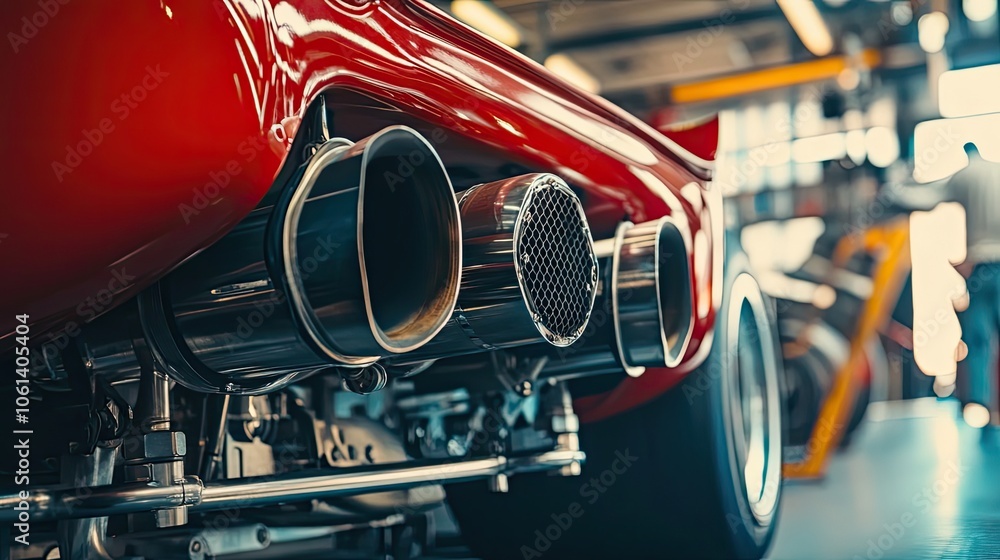 Naklejka premium Close-up of a Red Car's Exhaust System and Rear Wheel