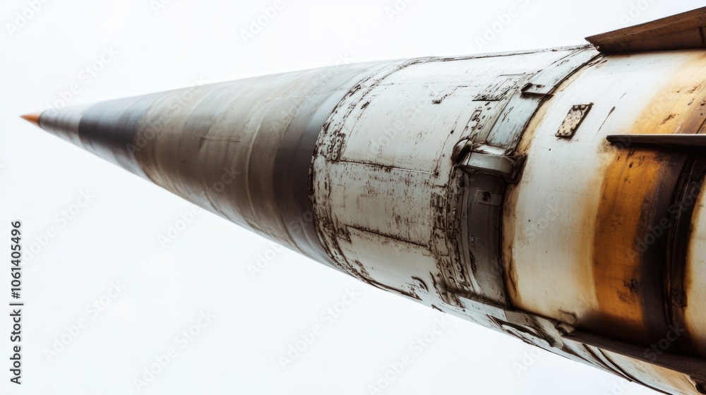 Close-up of large missile with pointed tip and smooth body, capturing precision, isolated on white background Close-up of large missile with pointed tip and smooth body, capturing precision, isolated on white background