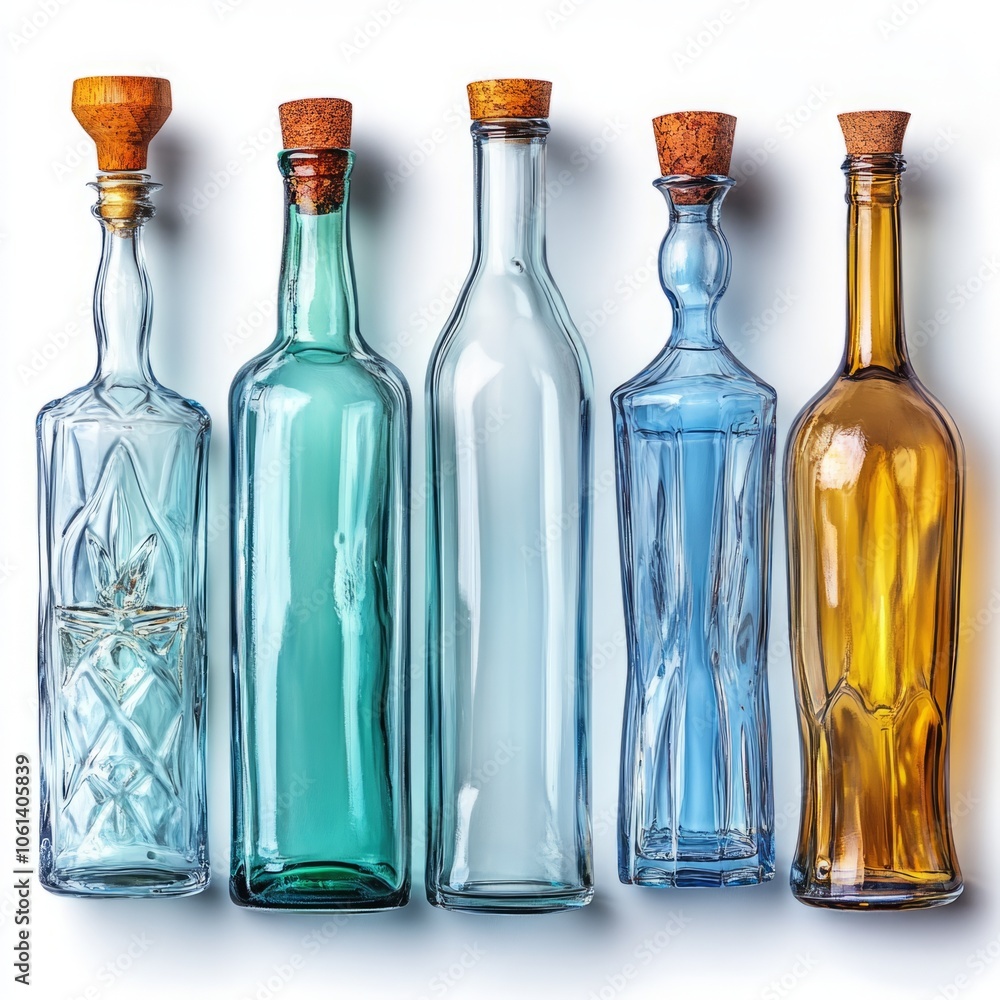 Collection of Clear Glass Bottles Isolated on a Clean White Background, Perfect for Showcasing Versatility in Packaging and Design Collection of Clear Glass Bottles Isolated on a Clean White Background, Perfect for Showcasing Versatility in Packaging and Design