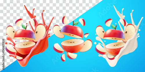 Apple slices with flying splash juice and fresh milk. Suitable for decoration, elements, food and drinks