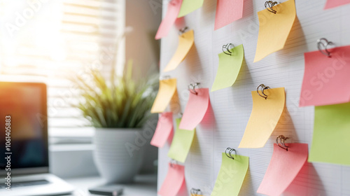 sticky notes pin at board with view of ofiice