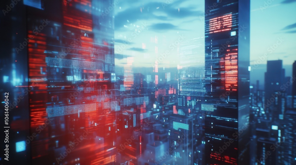 Obraz premium Futuristic Cityscape Landscape at Dusk with Glowing Lights