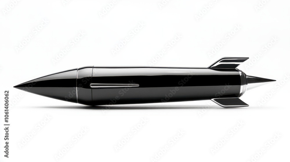 Close-up of missile with sleek body and pointed warhead, representing modern engineering, isolated on white background Close-up of missile with sleek body and pointed warhead, representing modern engineering, isolated on white background