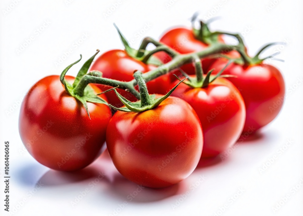 Fresh Red Tomatoes on Branch - Tilt-Shift Photography of Ripe Vegetables Isolated on White Background for Culinary and Food Art Uses Fresh Red Tomatoes on Branch - Tilt-Shift Photography of Ripe Vegetables Isolated on White Background for Culinary and Food Art Uses