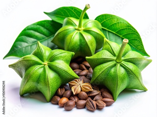 Fresh Sacha Inchi Seeds and Leaves on White Background - Nutritional Superfood, Green Fruits, Healthy Eating, Organic Ingredients, Vegan Nutrition, Tropical Plants, Natural Wellness