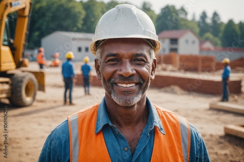 Close portrait of a smiling senior Lesothan man construction worker looking at the camera, Lesothan outdoors construction site blurred background photo