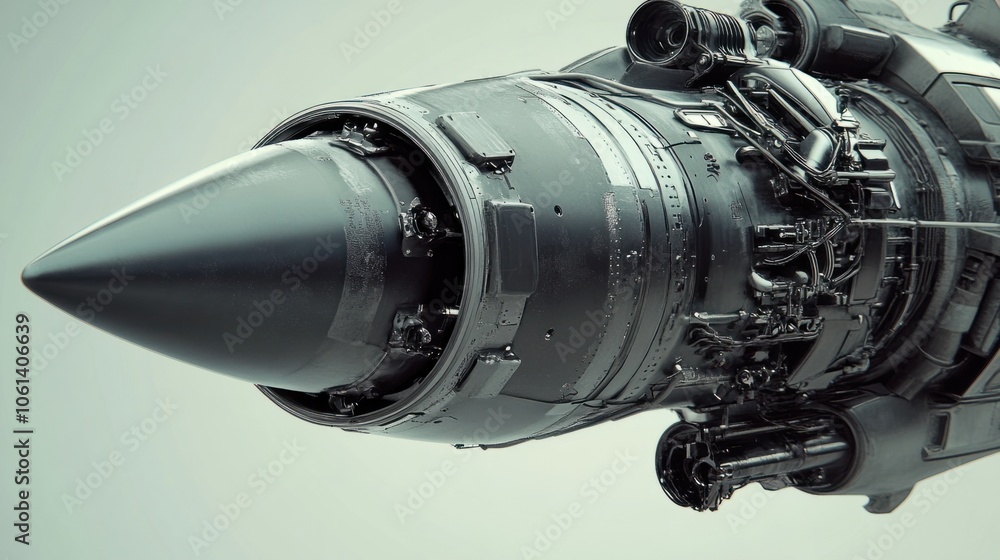 Close-up of missile warhead, capturing intricate design details, isolated on a neutral background Close-up of missile warhead, capturing intricate design details, isolated on a neutral background