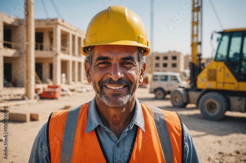 Close portrait of a smiling senior Libyan man construction worker looking at the camera, Libyan outdoors construction site blurred background