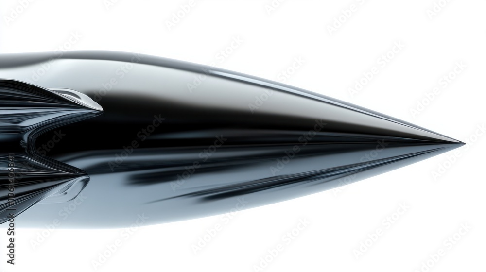 Close-up of sleek missile with visible fins and smooth metallic finish, symbolizing power, isolated on white background Close-up of sleek missile with visible fins and smooth metallic finish, symbolizing power, isolated on white background