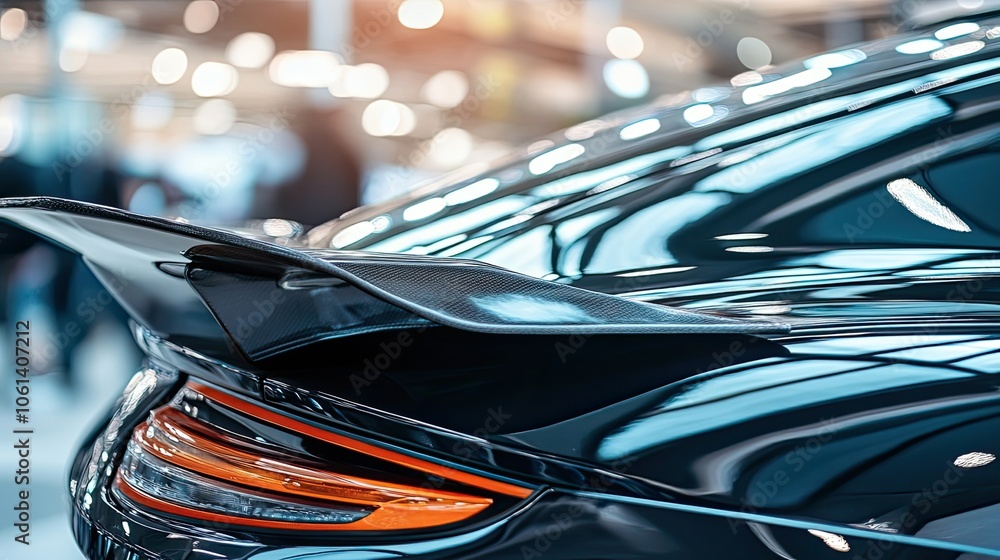 Close-up of a Black Sports Car's Rear Spoiler and Taillight Close-up of a Black Sports Car's Rear Spoiler and Taillight