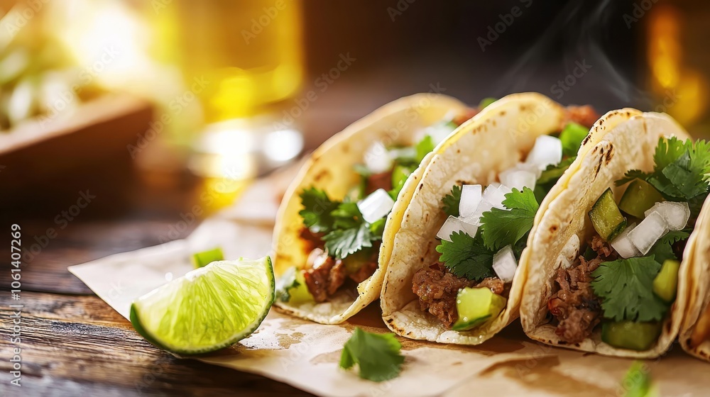 CClose-up of sizzling tacos topped with fresh cilantro, onions, and lime wedges, served on a rustic paper plate at a bustling street market. CClose-up of sizzling tacos topped with fresh cilantro, onions, and lime wedges, served on a rustic paper plate at a bustling street market.