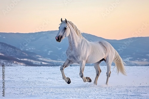 A majestic white horse gallops through a snowy landscape at sunset, showcasing beauty and freedom in nature.