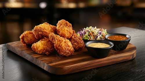 Golden, crispy fried chicken pieces served on a wooden board with dipping sauces and coleslaw, capturing a satisfying and indulgent comfort food feast