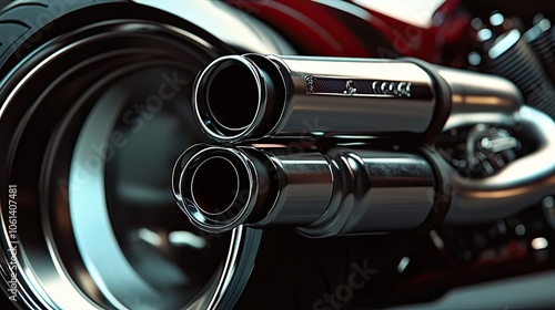 Close-up of Dual Chrome Motorcycle Exhaust Pipes photo