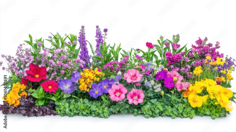 Colorful summer flower garden with mixed blooms isolated on white background Colorful summer flower garden with mixed blooms isolated on white background