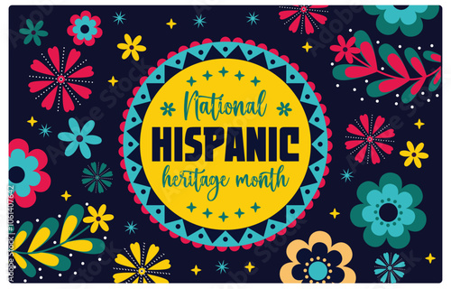 National Hispanic Heritage Month festival with tropical floral patterns. Historical and cultural background of the American people. Hispanic Heritage Month concept. Flat vector illustration.