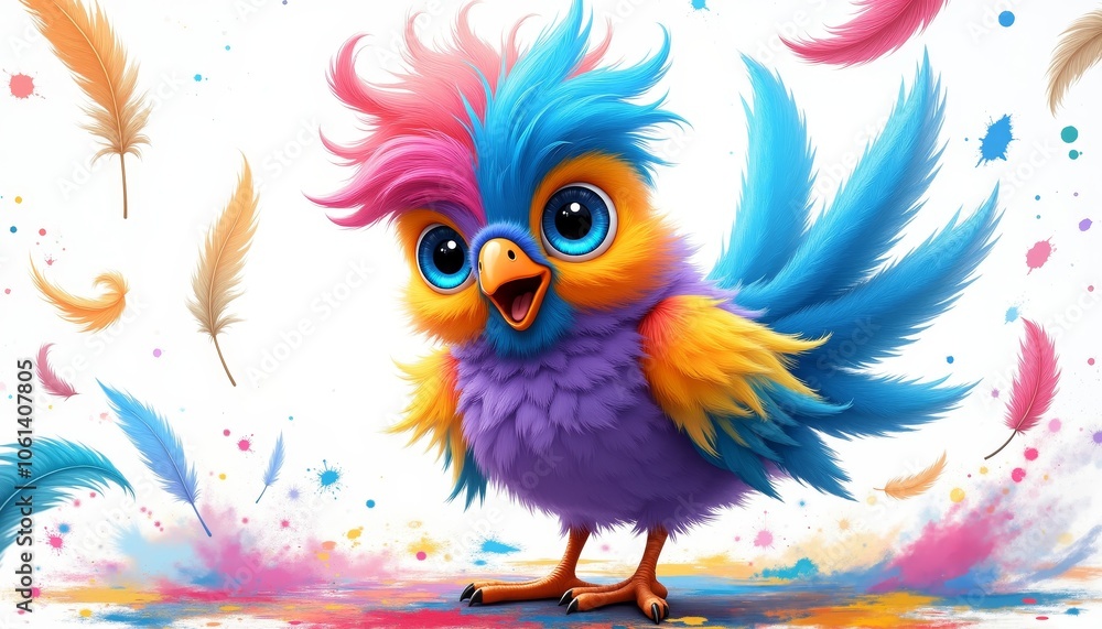 Obraz premium Whimsical Digital Drawing of a Colorful Playful Bird with Feathers.