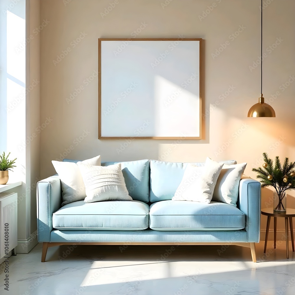 A modern living room with a blue sofa, white throw pillows, and a blank frame on the wall with a Christmas atmosphere and Scandinavian style. A modern living room with a blue sofa, white throw pillows, and a blank frame on the wall with a Christmas atmosphere and Scandinavian style.