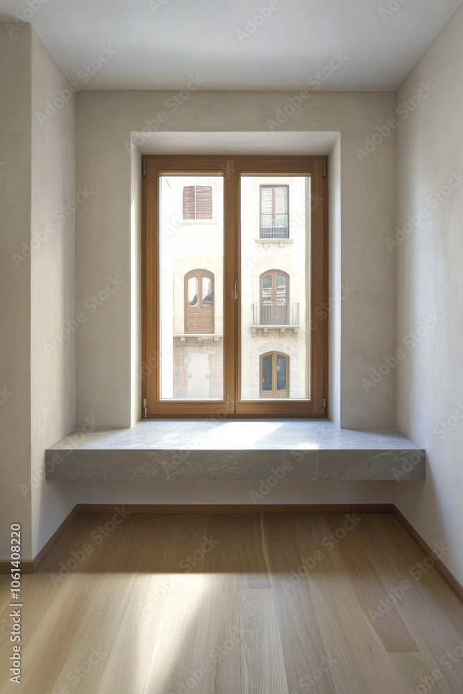 A serene interior space featuring a bright window with wooden framing and minimalist design A serene interior space featuring a bright window with wooden framing and minimalist design
