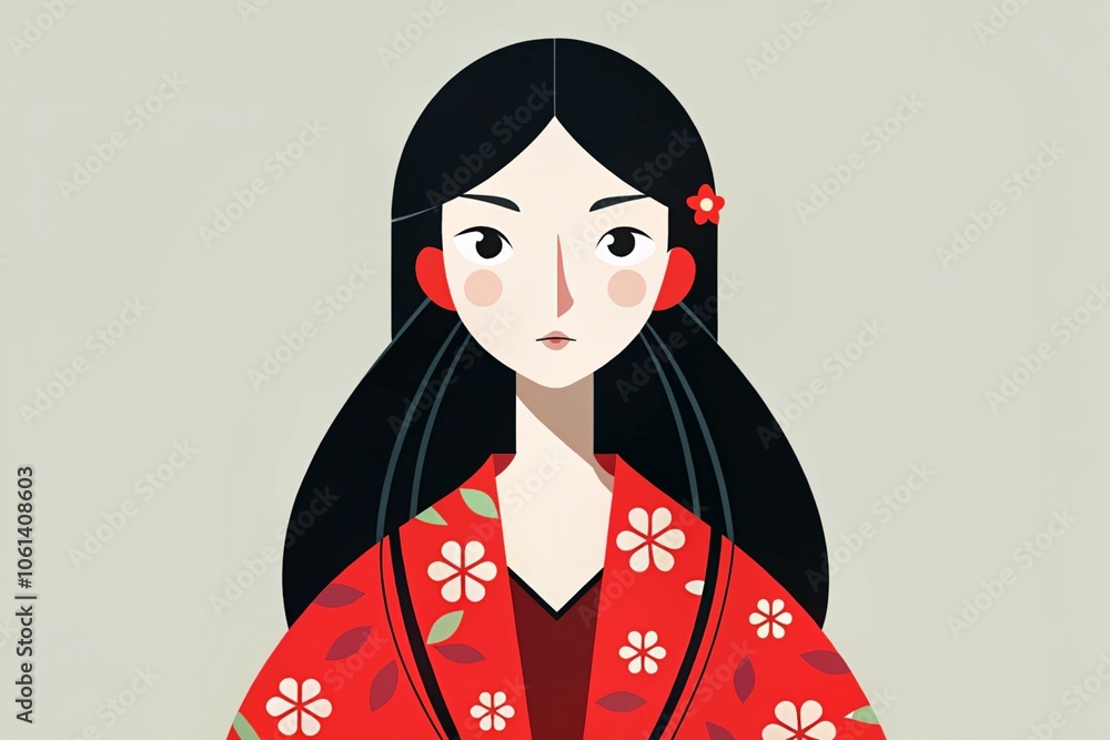 ilustracion de una mujer en kimono con una flor en el pelo ilustracion de una mujer en kimono con una flor en el pelo