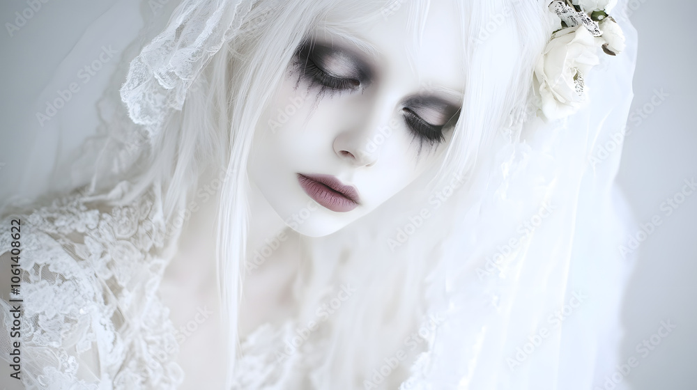 A ghostly bride look with pale skin and dark eye makeup. A ghostly bride look with pale skin and dark eye makeup.
