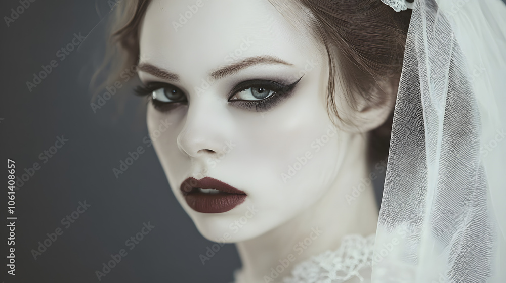 A ghostly bride look with pale skin and dark eye makeup. A ghostly bride look with pale skin and dark eye makeup.