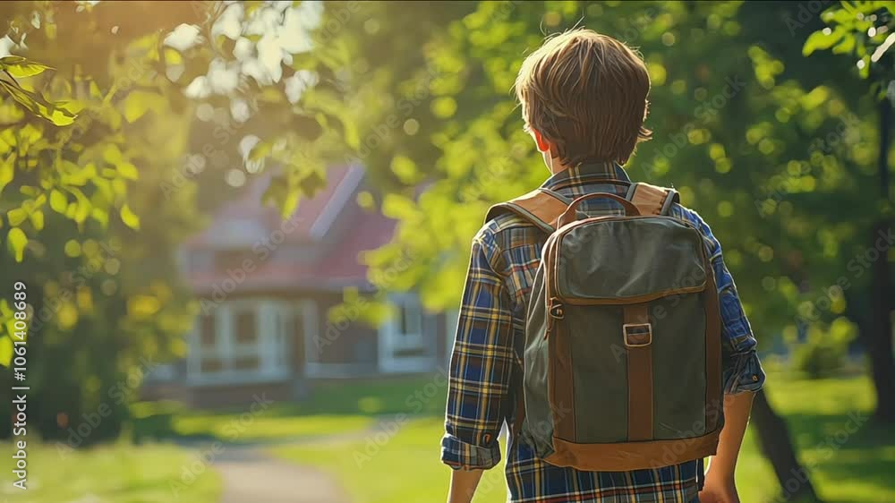 Young boy with backpack standing in sunny outdoor garden Young boy with backpack standing in sunny outdoor garden