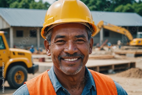 Close portrait of a smiling senior Marshallese man construction worker looking at the camera, Marshallese outdoors construction site blurred background photo