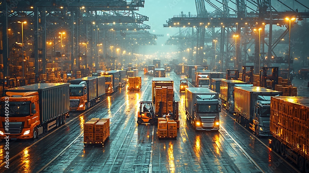 Busy cargo terminal with trucks, forklifts, and containers under a rainy sky. Busy cargo terminal with trucks, forklifts, and containers under a rainy sky.
