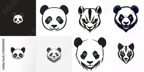 A collection of minimalist panda logos showcasing a stylized panda head with distinctive ears and facial features in black and white. photo