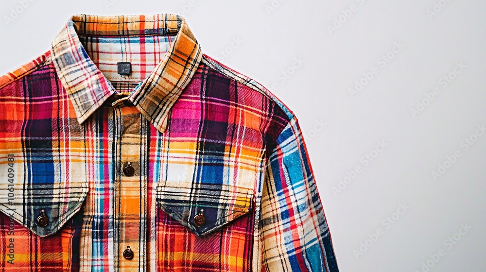 A vibrant, patterned shirt stands out against a pristine white backdrop, ideal for fashion inspiration. A vibrant, patterned shirt stands out against a pristine white backdrop, ideal for fashion inspiration.