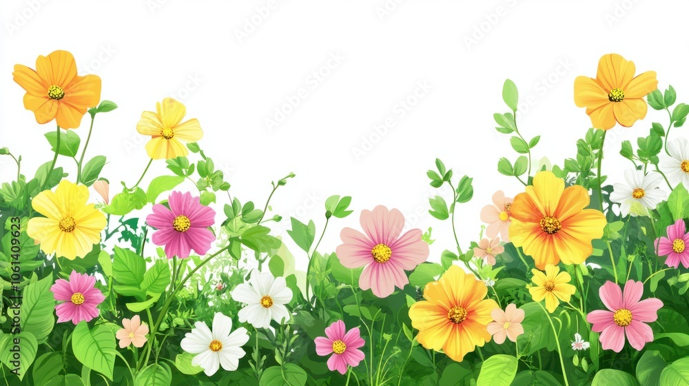 Flower garden scene with mixed blooms and green leaves on a white background Flower garden scene with mixed blooms and green leaves on a white background