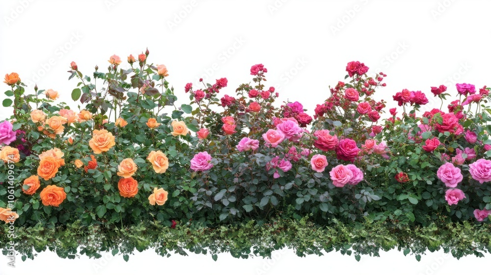 Flower garden with blooming roses and vibrant colors isolated on white background Flower garden with blooming roses and vibrant colors isolated on white background