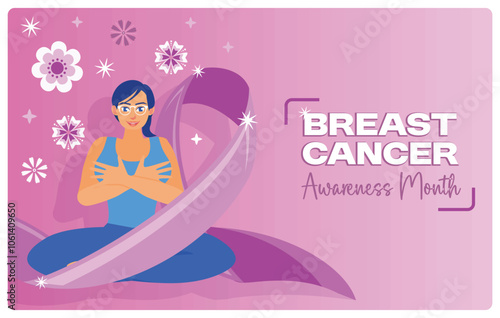 Women perform breast self-examination. Breast cancer awareness ribbon. Breast Cancer Awareness concept. Flat vector illustration.