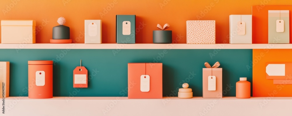 Gifts in a graphic-style store display with vibrant colors, modern typography, and minimalist tags Gifts in a graphic-style store display with vibrant colors, modern typography, and minimalist tags
