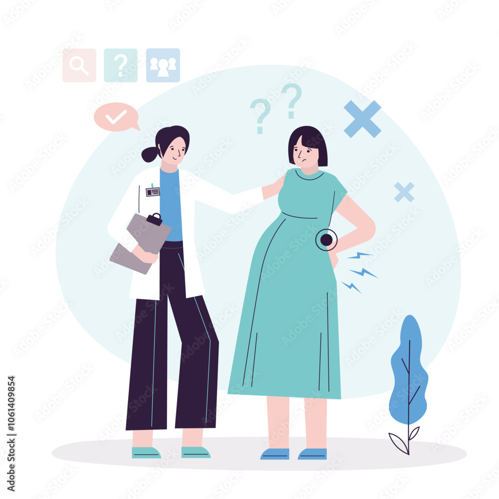 Medical advice, pregnancy back pain relieve for pregnant woman. Obstetrician talking with unhappy patient about pain relief. Diagnosis and treatment. Medical advice, pregnancy back pain relieve for pregnant woman. Obstetrician talking with unhappy patient about pain relief. Diagnosis and treatment.