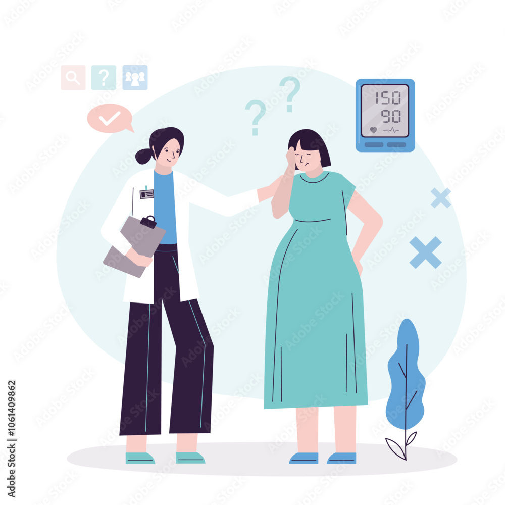 Doctor talking with pregnant girl about symptoms of high blood pressure. Young pregnant woman suffering from high pressure, she feel headache. Problem with health, feeling bad. Doctor talking with pregnant girl about symptoms of high blood pressure. Young pregnant woman suffering from high pressure, she feel headache. Problem with health, feeling bad.