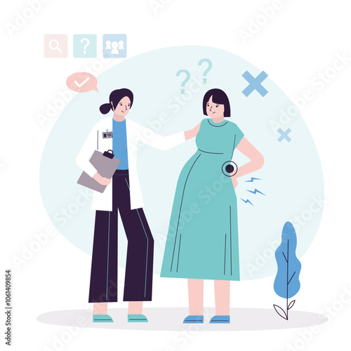 Medical advice, pregnancy back pain relieve for pregnant woman. Obstetrician talking with unhappy patient about pain relief. Diagnosis and treatment.