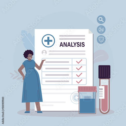 Blood and urine test tubes. Medical form with results data. Routine examination in medical clinic. Pregnant woman standing near paper document, research, medical analysis.