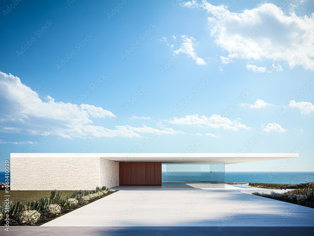 Fototapeta premium Modern coastal residence with expansive views overlooking the ocean and a clear blue sky