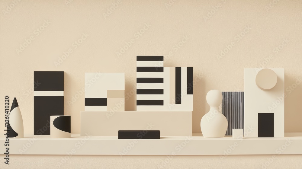 Minimalist store display with gifts in monochrome graphic designs, featuring clean lines and modern patterns Minimalist store display with gifts in monochrome graphic designs, featuring clean lines and modern patterns