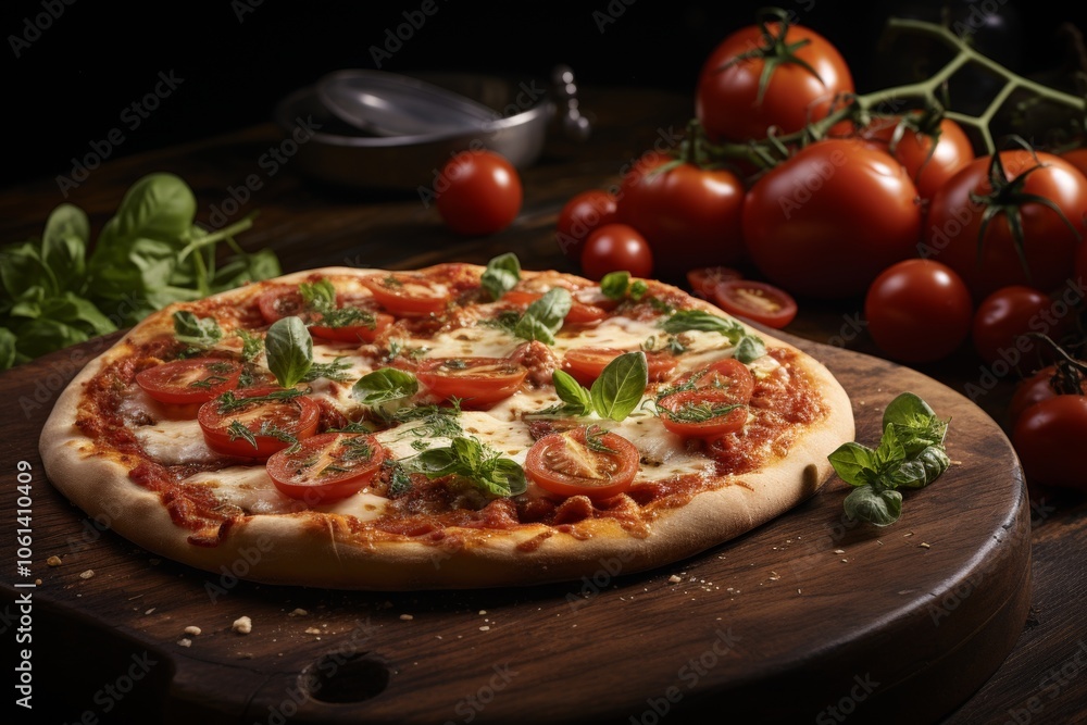 Delicious margherita pizza featuring fresh ingredients on a charming rustic wooden table Delicious margherita pizza featuring fresh ingredients on a charming rustic wooden table