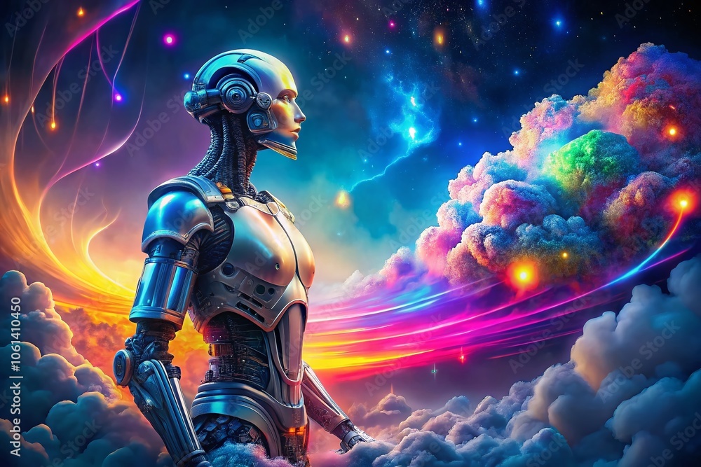 Fototapeta premium Futuristic Robot Interacting with Digital Cloud Design: A Surreal Vision of Technology and Connectivity