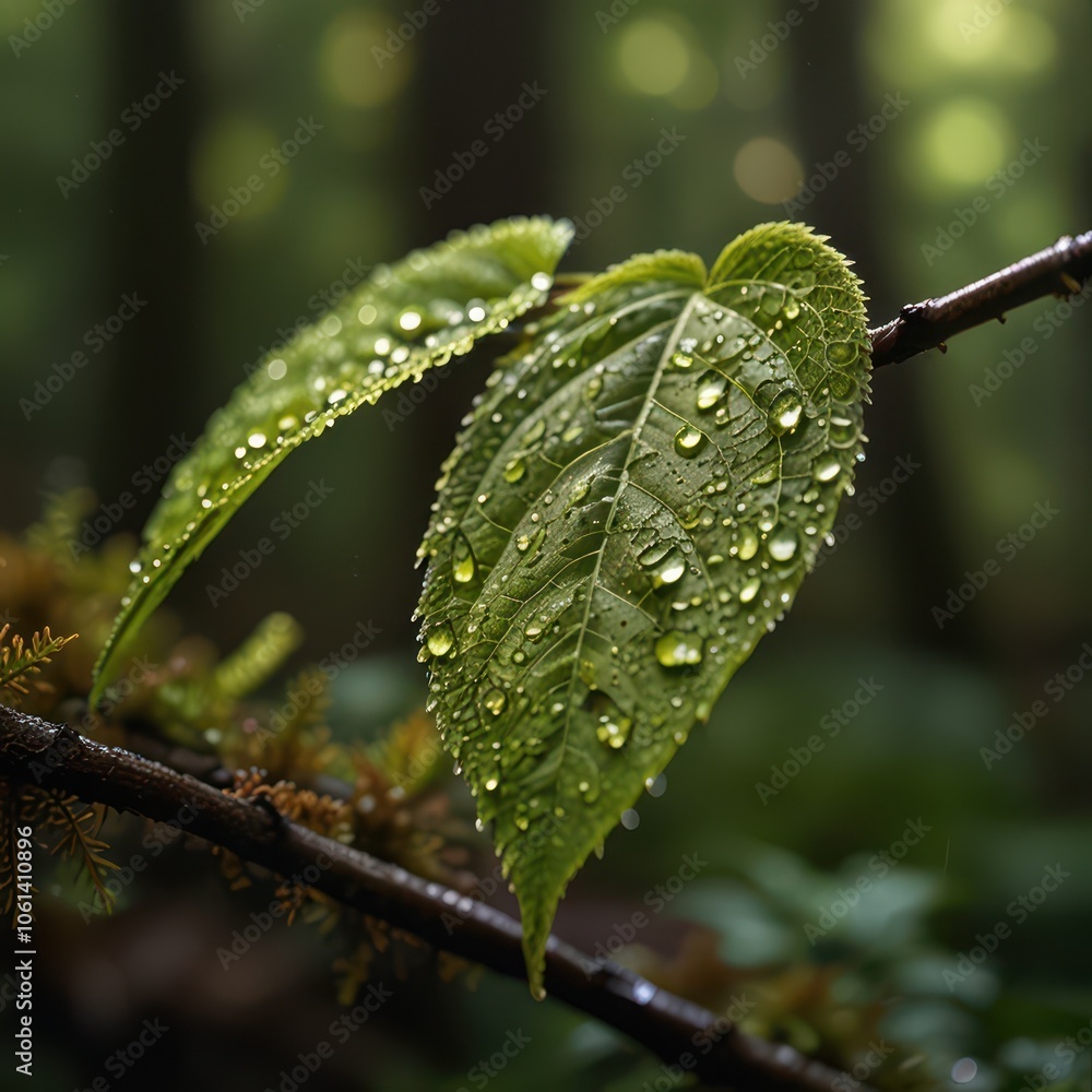 Serene Macro Nature Photography - Dew-Covered Leaf with Morning Sunlight in Peaceful Forest Serene Macro Nature Photography - Dew-Covered Leaf with Morning Sunlight in Peaceful Forest