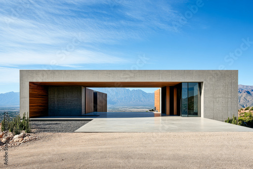 Modern architectural design of a minimalist home amidst mountainous desert landscape in daylight